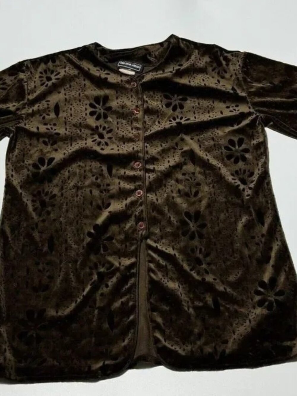 Vintage 90s Does 70s Tunic Top M Earthy Brown Floral Burnout Velour Whimsigoth